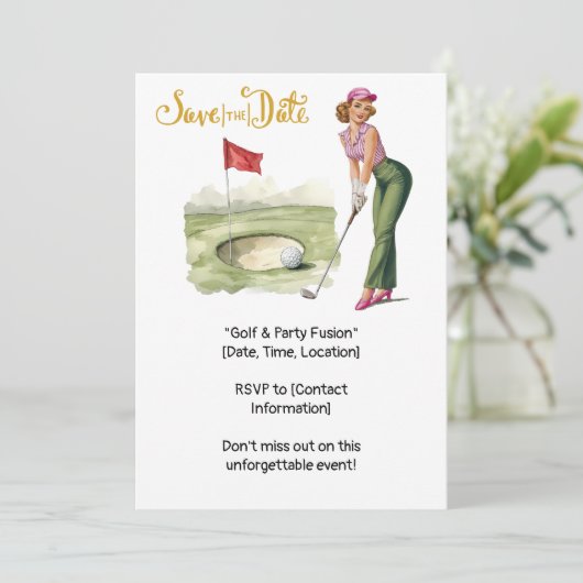 Invitation Golf Retro Golf Chic : Golfeuse sur le Green (Debout devant)