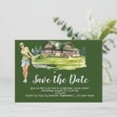 Invitation Golf sauver la date avec la femme golfer (Debout devant)