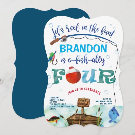 Invitation Gone Fishing quatrième anniversaire petit pêcheur (Devant / Derrière)