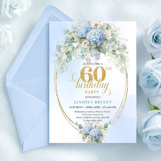Invitation Gorgeous Boho Dusty Blue Floral Gold 60th Birthday
