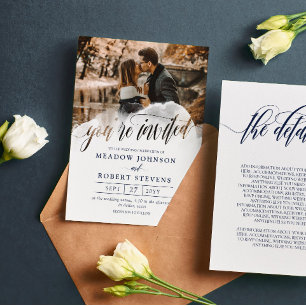 Invitation Gossamer Overlay Navy Fonts Photo 2 en 1 Mariage