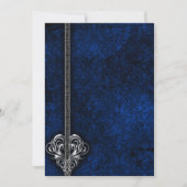 Invitation Goth Blue Damask Silver Heart mariage (Devant)