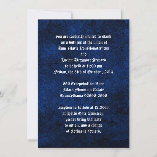 Invitation Goth Blue Damask Silver Heart mariage (Dos)