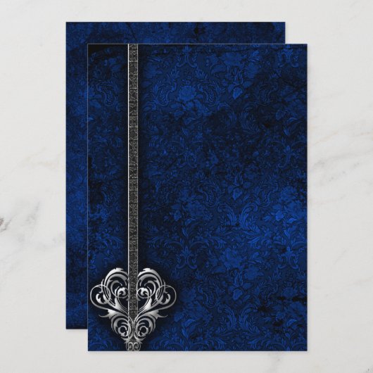 Invitation Goth Blue Damask Silver Heart mariage (Devant / Derrière)