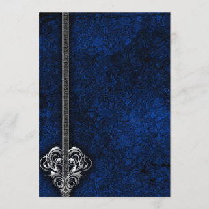 Invitation Goth Blue Damask Silver Heart mariage