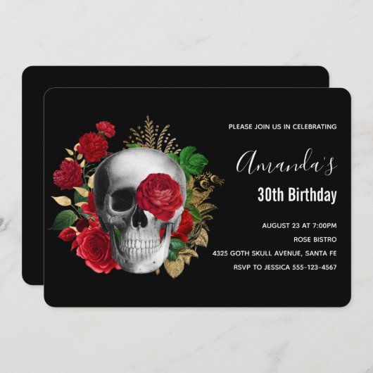 Invitation Goth Crâne avec Fleurs rouges et Feuilles d'or Ann (Devant / Derrière)