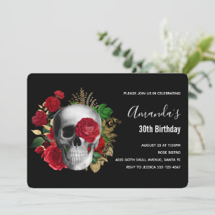 Invitation Goth Crâne avec Fleurs rouges et Feuilles d'or Ann