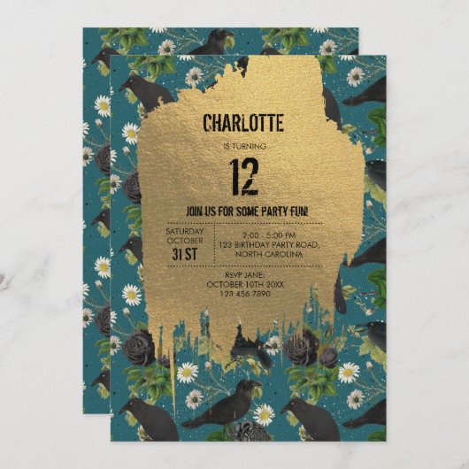 Invitation Goth Crows et Roses noirs Turquoise Halloween Anni (Devant / Derrière)