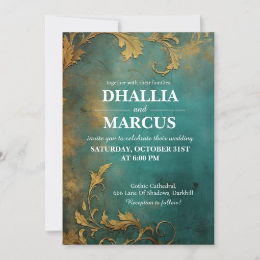 Invitation Goth Floral Turquoise Et Or (Devant)