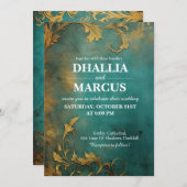 Invitation Goth Floral Turquoise Et Or (Devant / Derrière)