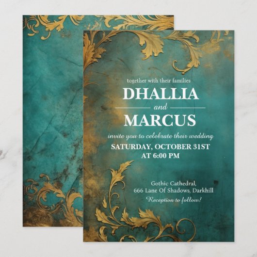 Invitation Goth Floral Turquoise Et Or (Devant / Derrière)