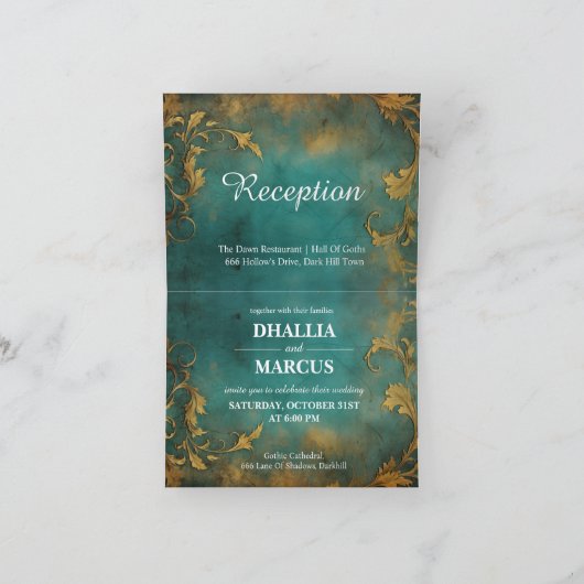 Invitation Goth Floral Turquoise Et Or (Intérieur)