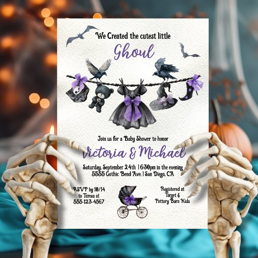 Invitation Goth Halloween Clothesline Baby shower fille