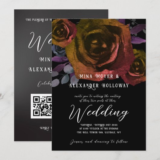 Invitation Goth moderne Rose foncé QRC (Devant / Derrière)