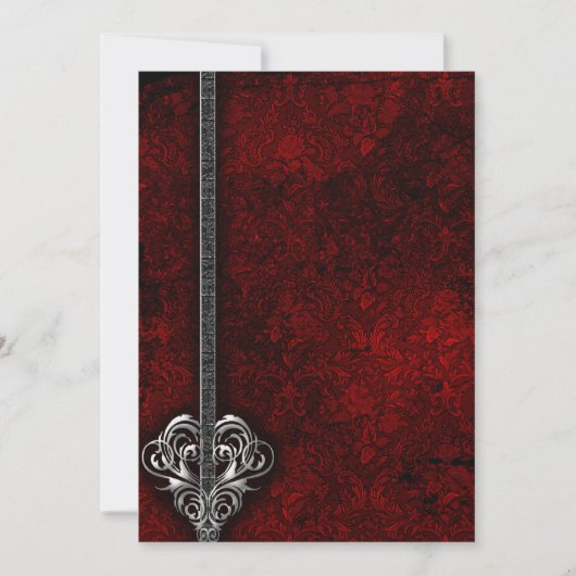 Invitation Goth Red Damask Silver Heart mariage (Devant)