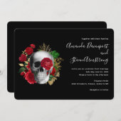 Invitation Goth Rouge Floral Crâne et Feuilles d'or (Devant / Derrière)