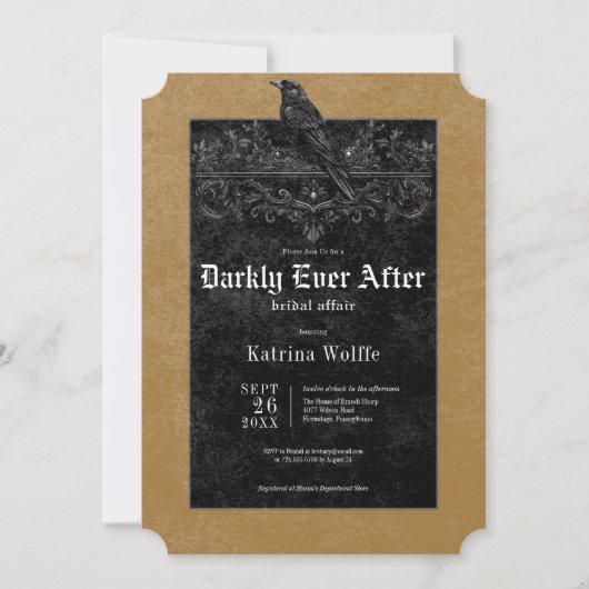 Invitation Gothic Black Raven & Roses Gold Bridal Shower (Devant)