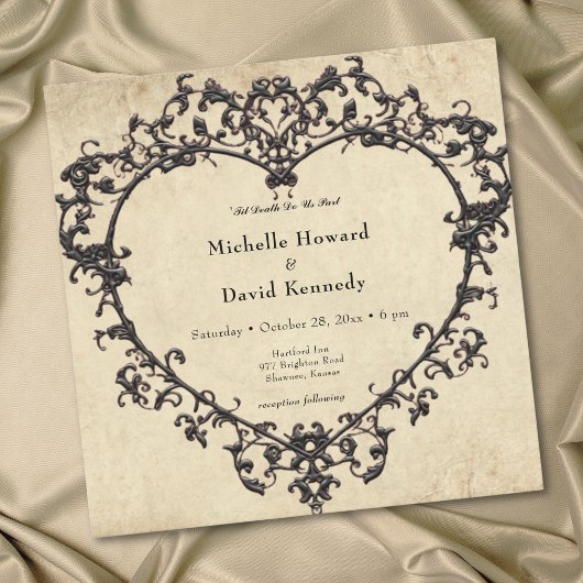 Invitation Gothic Black Tan Parchment Filigree Heart Wedding