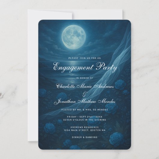Invitation Gothic Blue Beach Moon Skeleton Engagement Party (Devant)