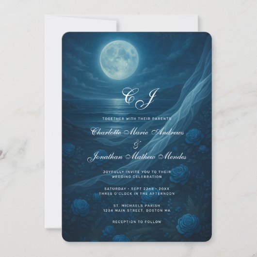 Invitation Gothic Blue Skeleton Couple Beach Moon Wedding (Devant)