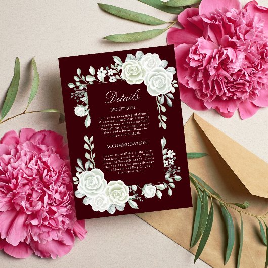 Invitation Gothic Burgundy White Roses Wedding Enclosure Card