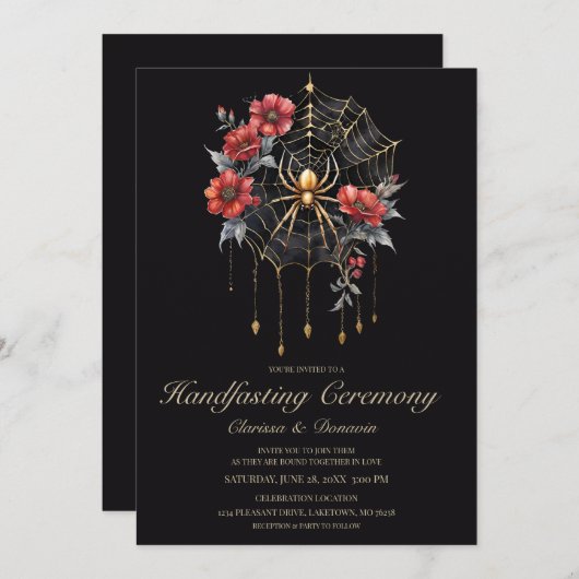Invitation Gothic Gold & Red Spider Floral Web Handfasting (Devant / Derrière)
