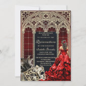 Invitation Gothic Masquerade Quinceañera Red Gold (Devant)