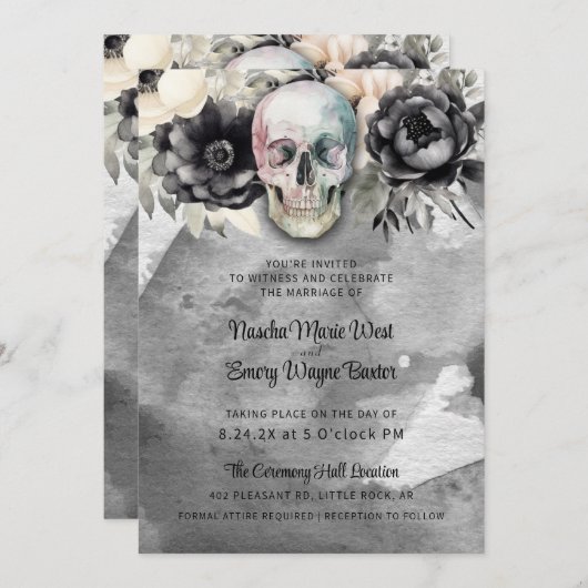 Invitation Gothic Peony & Skull Black Floral Wedding (Devant / Derrière)