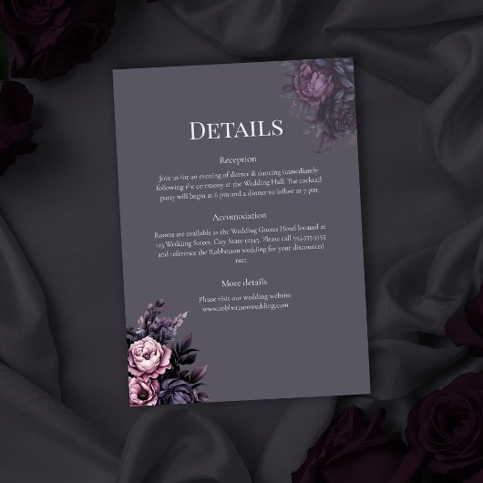 Invitation Gothic Plum Floral Wedding Details Card
