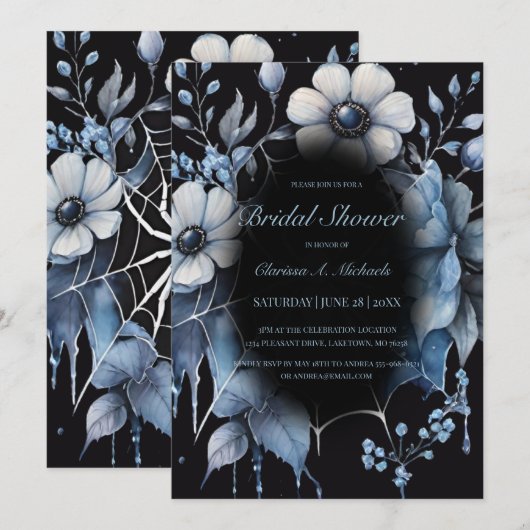 Invitation Gothic Powder Blue Floral Spider Web Bridal Shower (Devant / Derrière)