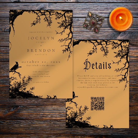 Invitation Gothic Raven Tree Engraving Black Orange Wedding