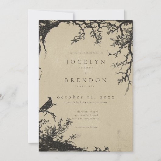 Invitation Gothic Raven Tree Engraving Black Tan Wedding (Devant)