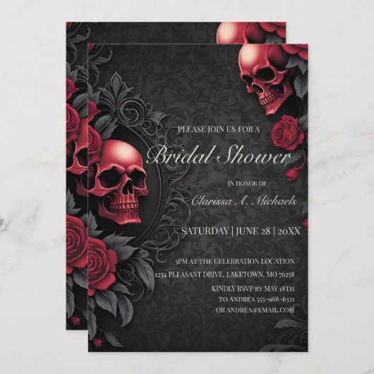 Invitation Gothic Red & Black Skull & Rose Bridal Shower (Devant / Derrière)