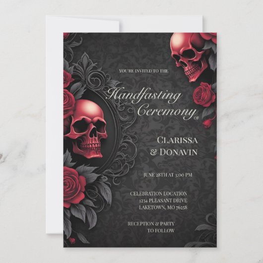 Invitation Gothic Red & Black Skull & Rose Damask Handfasting (Devant)
