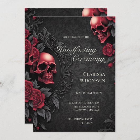 Invitation Gothic Red & Black Skull & Rose Damask Handfasting (Devant / Derrière)