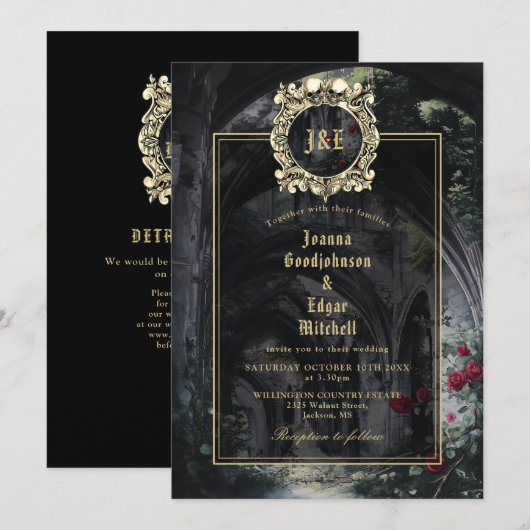 Invitation Gothic Ruins Monogram All In One QR Code Wedding (Devant / Derrière)