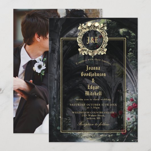 Invitation Gothic Ruins Roses Floral Monogram Photo Wedding (Devant / Derrière)
