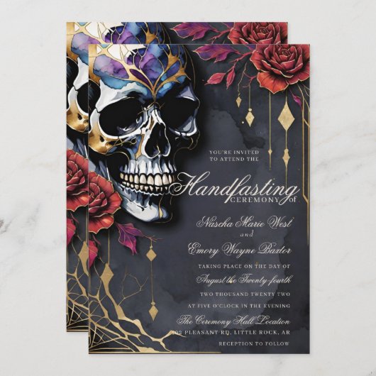 Invitation Gothic Skull & Red Roses Halloween Handfasting (Devant / Derrière)