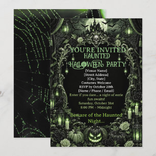 Invitation Gothic Vert Halloween Château Hanté Emeraude Noir
