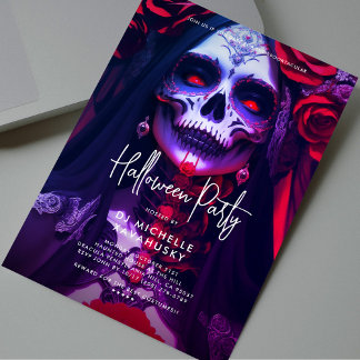 Invitation Gothique Adulte Halloween Party Red Purple Lady Cr