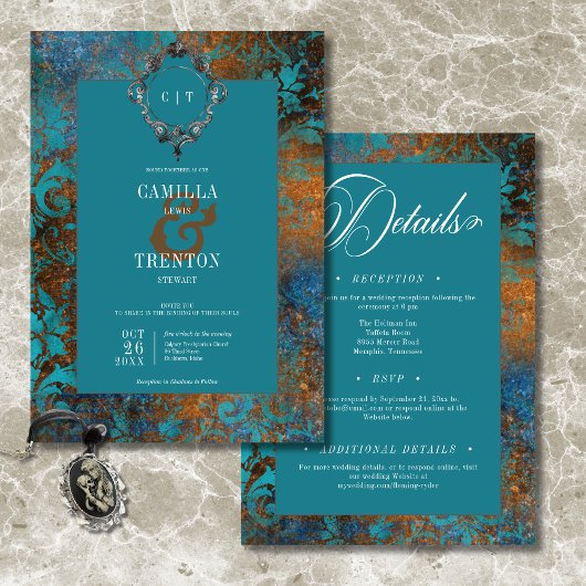 Invitation Gothique Antique Turquoise Or Damask Deux Mariage