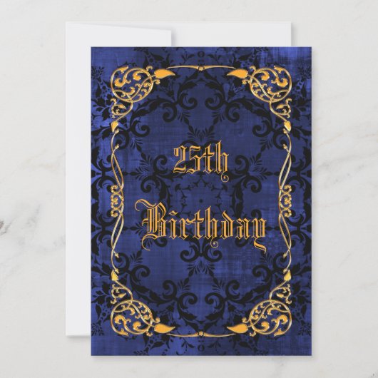 Invitation Gothique Bleu & Cadre Doré pour les 25 ans (Devant)