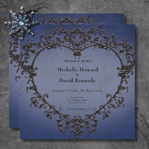 Invitation Gothique Cœur de Mariage Noir et Bleu Filigrane