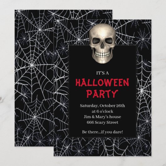 Invitation Gothique Crâne blanc Araignée Web Halloween Party (Devant / Derrière)