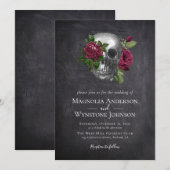 Invitation Gothique Crâne Floral Noir Halloween Mariage (Devant / Derrière)