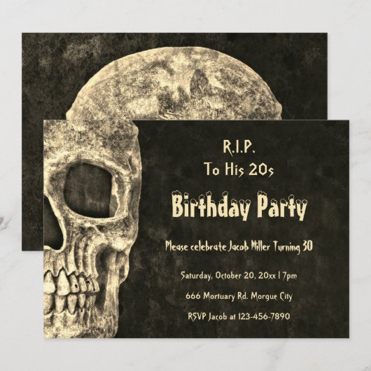 Invitation Gothique crâne humain fête d'anniversaire RIP à se (Devant / Derrière)