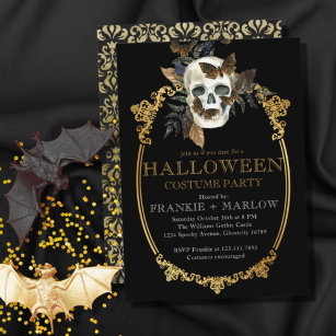 Invitation Gothique Crâne noir et or Adulte Halloween Party