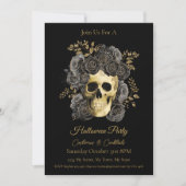 Invitation Gothique Crâne Noir & Or Roses Halloween Party (Devant)
