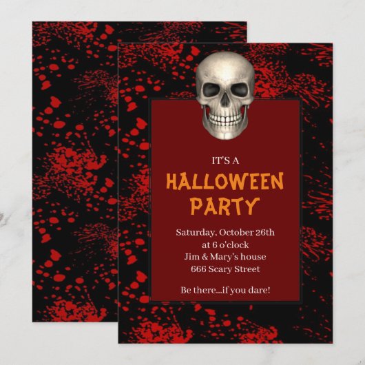 Invitation Gothique Crâne sang éclaboussé Parti d'Halloween (Devant / Derrière)