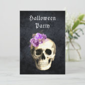 Invitation Gothique Crâne violet Roses Halloween Party (Debout devant)